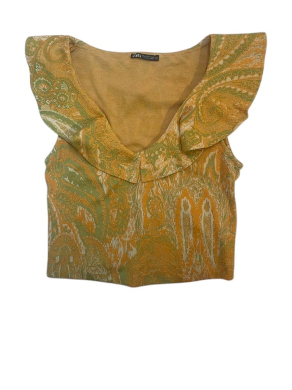 ZARA Paisley Jaquard Ruffle V-Neck Yellow Green Crop Top - Size Medium